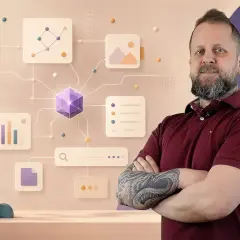 Mężczyzna z tatuażem na ramieniu stoi obok schematu, który pokazuje, jak organizacja to złożony system danych.