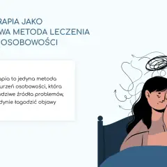 Ilustracja przedstawia osobę zmagającą się z chaotycznymi myślami, symbolizującymi zaburzenia osobowości. Psychoterapia pomaga odkryć ich przyczyny.