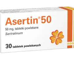 Opakowanie leku Asertin 50 mg, który pomaga w leczeniu nerwicy. Zawiera 30 tabletek powlekanych.