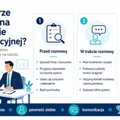 Jak się przygotować do rozmowy kwalifikacyjnej? Grafika pokazuje etapy: przed, w trakcie i po rozmowie, podkreślając znaczenie przygotowania, pewności siebie i komunikacji dla lepszego wrażenia.