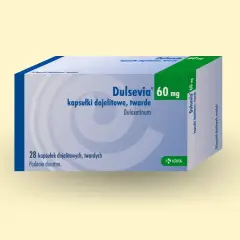 Opakowanie leku Dulsevia 60 mg, zawierające 28 kapsułek dojelitowych. Jest to lek stosowany m.in. w leczeniu choroby dwubiegunowej.