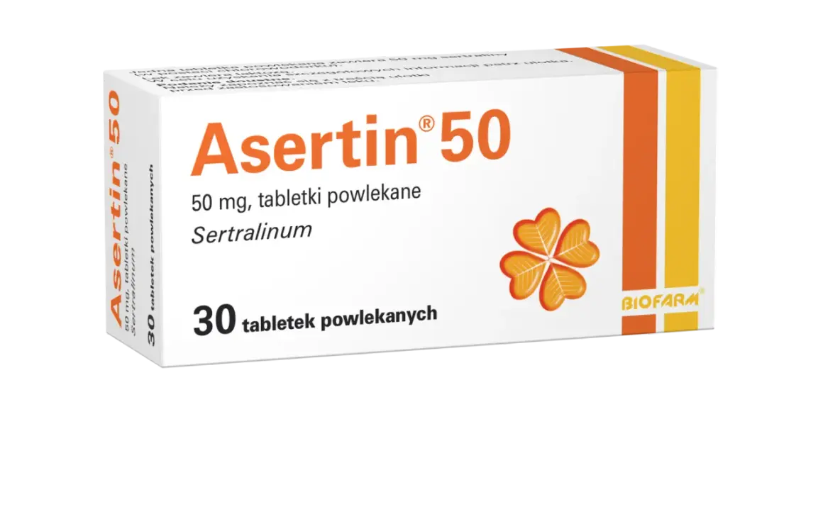 Opakowanie leku Asertin 50 mg, który pomaga w leczeniu nerwicy. Zawiera 30 tabletek powlekanych.