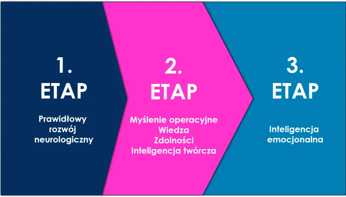 Trzy etapy rozwoju inteligencji: prawidłowy rozwój neurologiczny, myślenie operacyjne, wiedza, zdolności, inteligencja twórcza, a na końcu inteligencja emocjonalna.