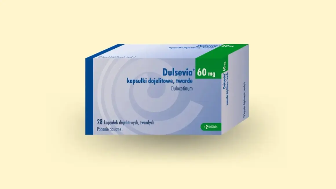 Opakowanie leku Dulsevia 60 mg, zawierające 28 kapsułek dojelitowych. Jest to lek stosowany m.in. w leczeniu choroby dwubiegunowej.
