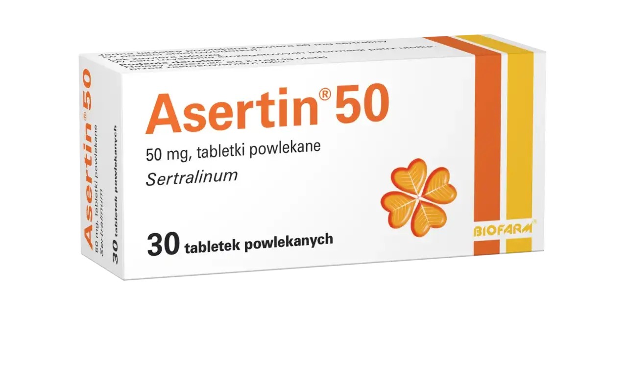 Opakowanie leku Asertin 50 mg, który pomaga w leczeniu nerwicy. Zawiera 30 tabletek powlekanych.