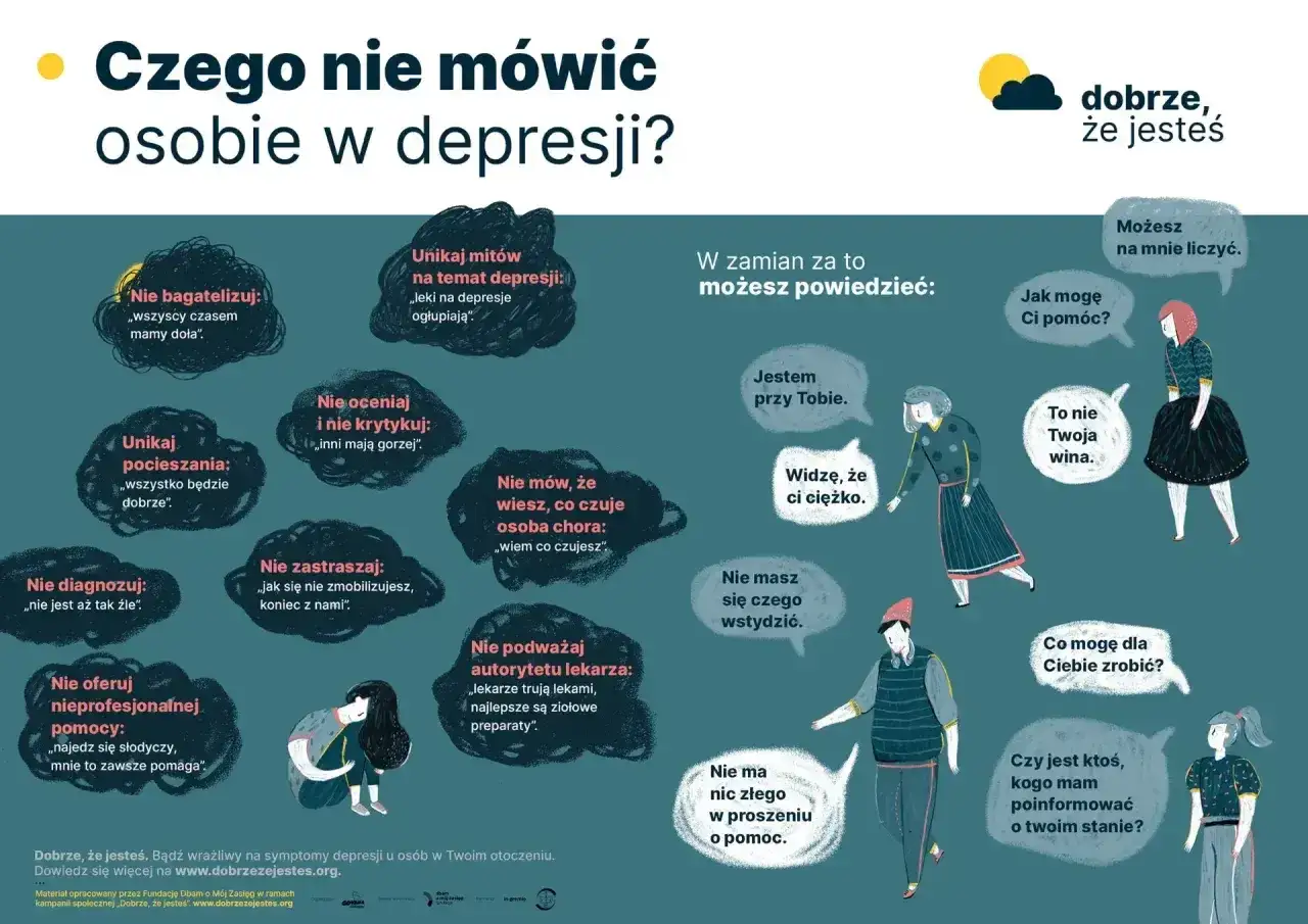 Ilustracja pokazuje, czego nie mówić osobie, która jest chora na depresję. Zamiast tego, oferuje wsparcie: 