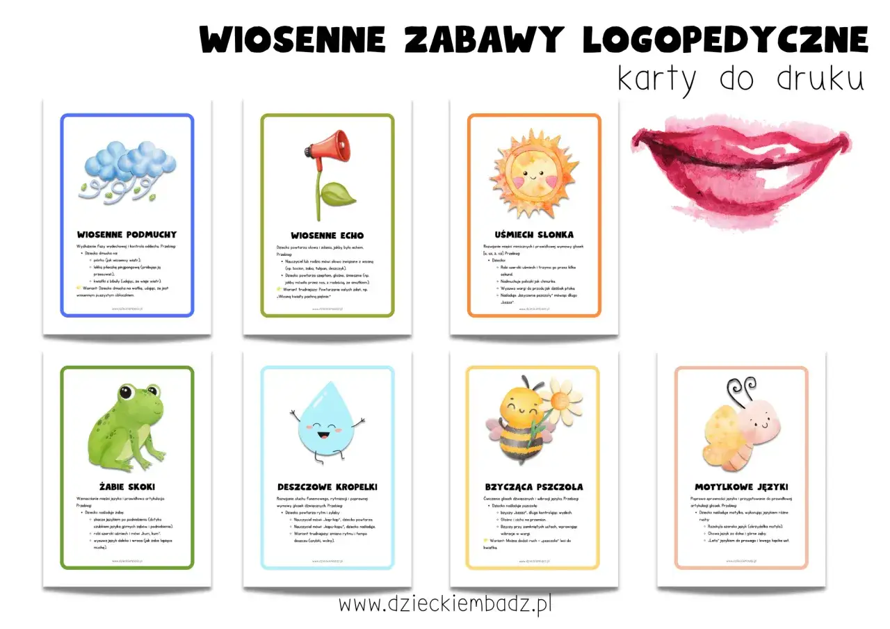 Karty logopedyczne z wiosennymi zabawami, pomagające w terapii zaburzeń słuchu fonematycznego objawy.