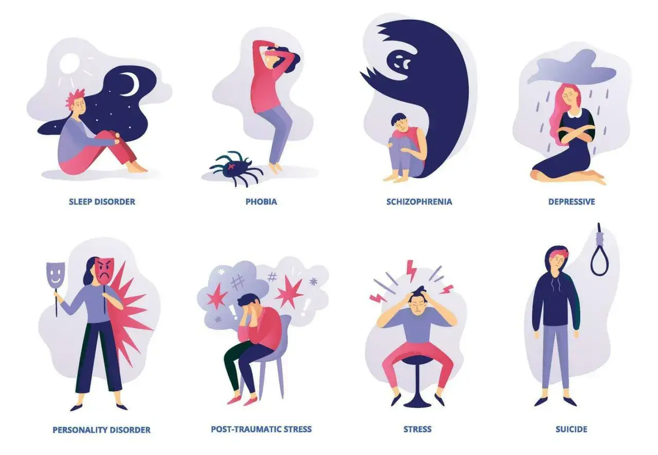 Ilustracje przedstawiające zaburzenia psychiczne: bezsenność, fobię, schizofrenię, depresję, zaburzenia osobowości, PTSD, stres i myśli samobójcze.